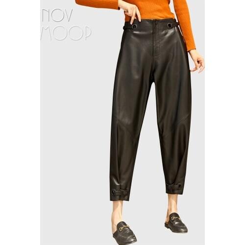 Novmoop genuine leather women harem pants sheepskin belt hole cuff waistband decor designer Pantalon sarouel en cuir LT3399