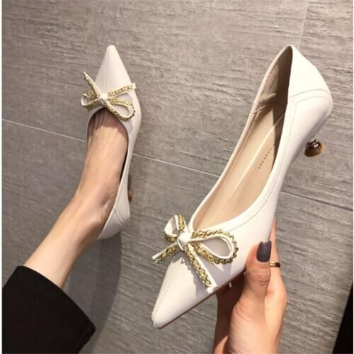 Female Spring 2021 New Year All-match Fashion Temperament Asakuchi Pointed High Heels SHOES Bowknot Woman Shoe