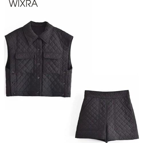 Wixra Women High Street Cotton Sets Turn Down Collar Sleeve Vest Top+ Black Pockets Shorts Casual Suits