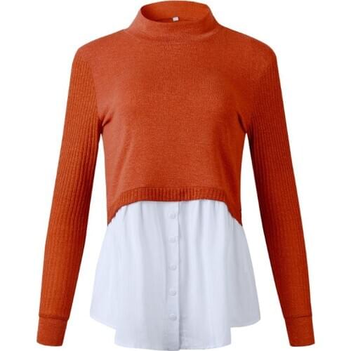 Women 2 In 1 Patchwork Pullover Top Ribbed Long Sleeve Sweater Layered Shirt Hem F42F