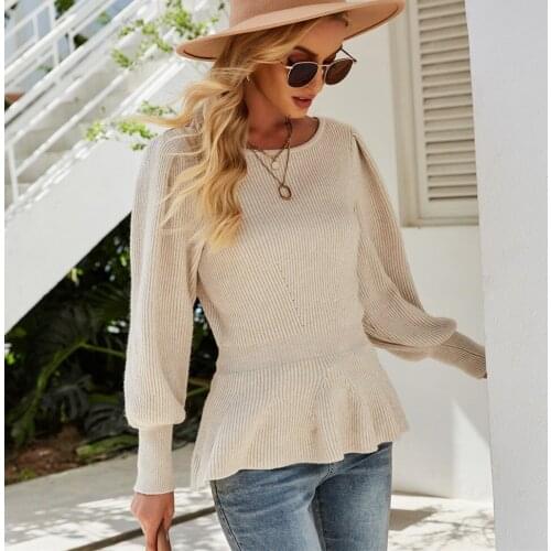 Women Knit Sweater Casual O-Neck Solid Color Jumpers Lantern Sleeve Ruffles Sweatershirt 2021 Autumn Winter Vintage Pullovers