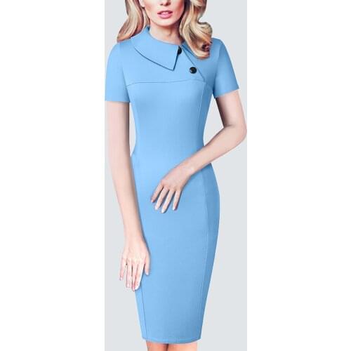 Women Short Sleeve Elegant Office Lady Dress Turn down collar Vintage Fashion Slim Pencil Dress HB573