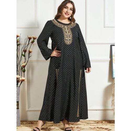 Gold Thread Leaves Embroidery Arabic Dress for Women Fall 2021 Long Sleeve Plus Size Muslim Dubai Turkey Clothes