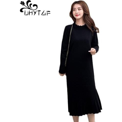 UHYTGF Womens Bottoming knit dress Sweater Female Dress fashion 5XL Plus Size Long Sleeve Winter Casual Party Sweater Dress 680