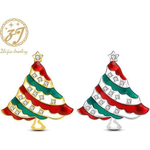 Zhijia Gold Silver Color Christmas Tree Pins Brooches For Women Men Rhinestone Brooches Christmas Gifts