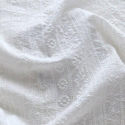 White Cotton Fabric by the Yard,Eyelet Fabric Stripes Floral Embroidery Fabric,Cotton Dress Blouse Fabric