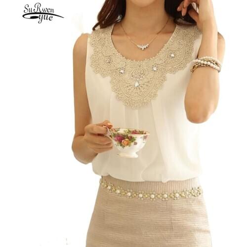 Blusas 2021 Fashion Lace Sleeveless Chiffon Blouse Plus Size Elegant Shirt Pleated Women Tops Summer Formal Chic Clothing 036