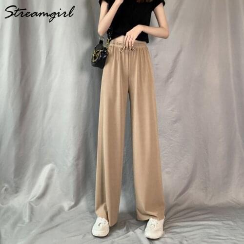 Wide Leg Summer Pants Women High Waist Straight Ice Silk Trousers Women Black Loose Thin Pants Capri Womens Trousers 2021