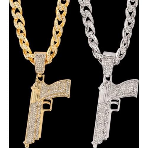 Full Rhinestones Pistol Desert Eagle Gun Mens Necklaces Cuba Chain Pendants Hip Hop for Boy Male Rapper Jewelry Gift
