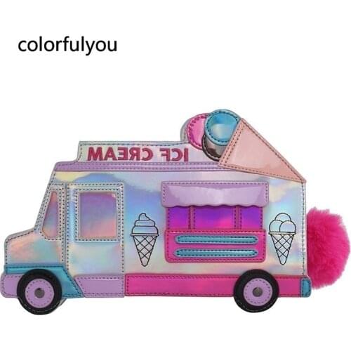 Ice Cream Cart Design Shoulder Bag Cartoon Print Girls Chain Purse Mini Messenger Bag Ladies Fun Laser Car Style Clutches