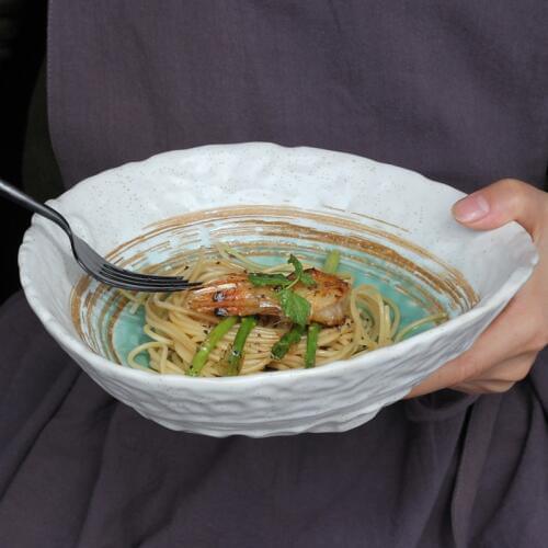 EECAMAIL Creative Ceramic Tableware Japanese Style Snow Glaze Color Bowl Ramen Salad Bowl Soup Bowl Western Dish Tray Snack Plat