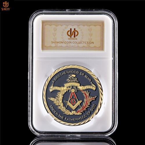 World Freemason Masonic Symbol Brothers 150th Anniversary Gold Plated Metallic Painted Commemorative Coin W/PCCB Display Box