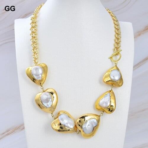 GuaiGuai Jewelry 22" Natural Cultured White Heart-Shaped Pearl Gold Color Plated Chain Necklace