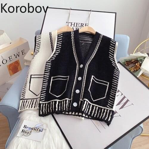 Korobov 2021 New Streetwear Women Vest Cardigans Korean OL Striped Sleeveless Cardigan Sweaters Autumn Preppy Style Sweater