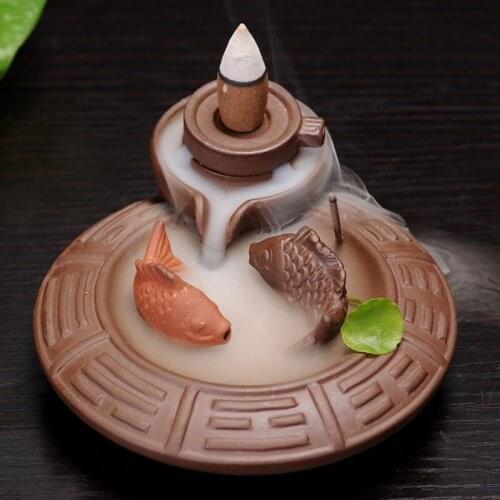 Ceramic Millstone Smoke Backflow Cone Holder Incense Burner fish