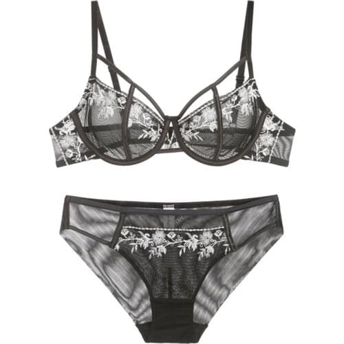 Lace Ultra Thin Transparent Embroidery Bra and Panties Set Hollow Out Bandage Sexy Underwear with Stones Women Lingerie 2020 New