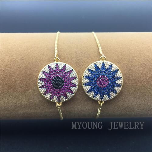 MY1210 Turkish Style Charm Connector Pave Nano CZ Sun Flower Charm Bracelet with Adjustable Golden Chain