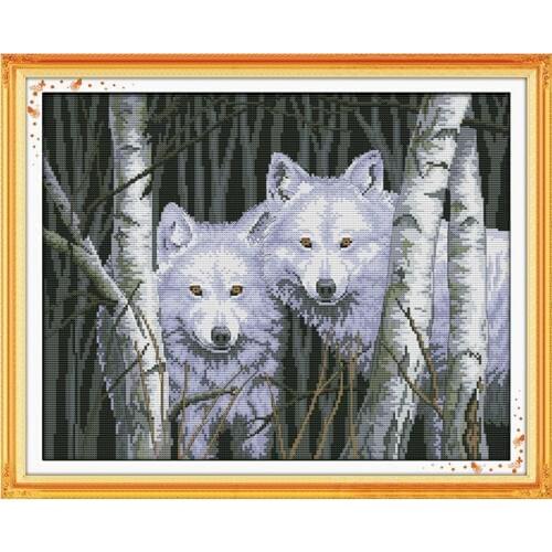 Wolves in woods cross stitch kit 14ct 11ct pre stamped canvas cross stitching animal lover embroidery DIY handmade needlework