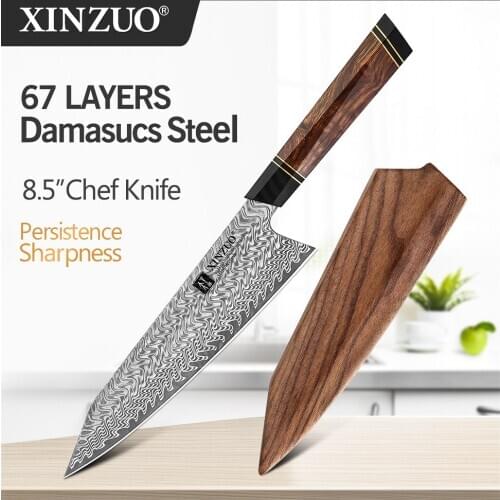 XINZUO High Quality 8.5" Chef Knife with Acacia Wood Gift Box 67 Layers Damascus Steel North America Desert Ironwood +G10 Handle