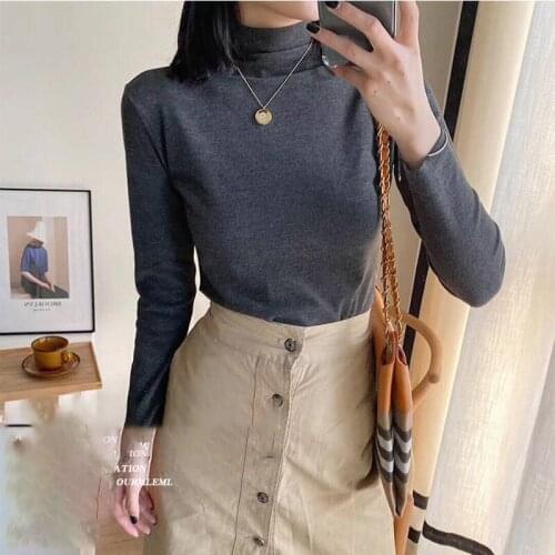 Autumn and Winter Half High Collar Korean Style Velvet Long-sleeved Warm Tops Women Thickened T-shirt All-match Bottoming Shirt