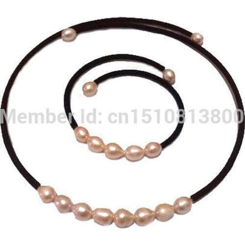7-8m Natural Pink Rice Pearl Memory Wire Wrap Necklace & Bracelet Fashion Jewelry Set