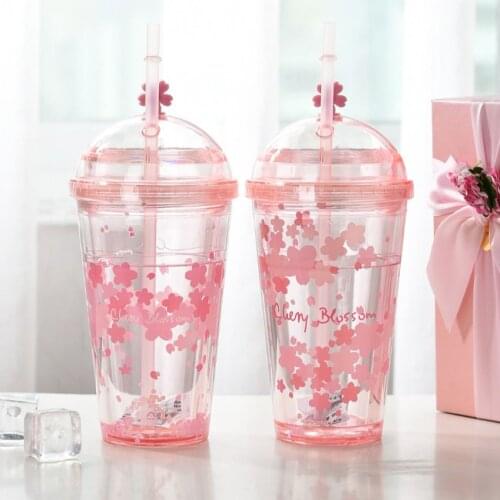 Sakura BPA Free Plastic Cups With Lids Water Mugs For Drinking Coffee Mug Juice Milk Straw Cup Hidden Straw Ice Cup