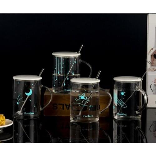 Glow-in-the-dark Heat-resistant Glass Cup for Home Office Womens Water Cup Scented Tea Coffee Transparent Mug Spoon with Cover