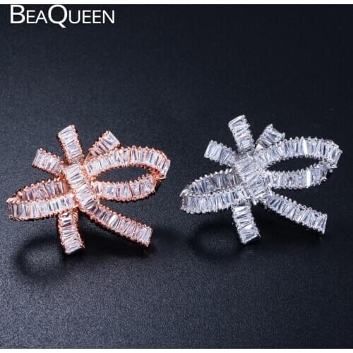 BeaQueen Full Baguette Cubic Zirconia Stone Paved Big Bowknot Stud Earrings Rose Gold Color Fashion Jewelry for Women E227