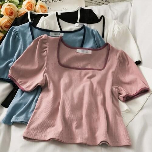 Short Slim Thin Puff Sleeve Top Womens 2021 Summer New Style Square Collar Wild Casual Temperament T-shirt Short Sleeve