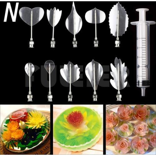 11pcs 3D Jelly Gelatin Flower cake tools,Stainless steel nozzle set Syringe 3D Gelatin cake Art Needles DIY baking jelly mold