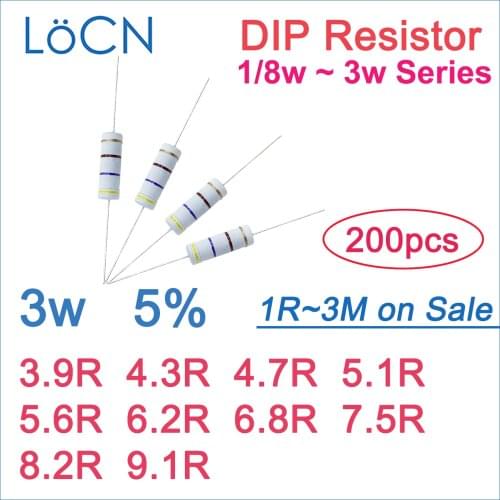 200pcs 5% 3W Carbon Film Resistor DIP 3.9R 4.3R 4.7R 5.1R 5.6R 6.2R 6.8R 7.5R 8.2R 9.1R OHM Color ring 1R~3M 1w 2w 1/4w 1/2w