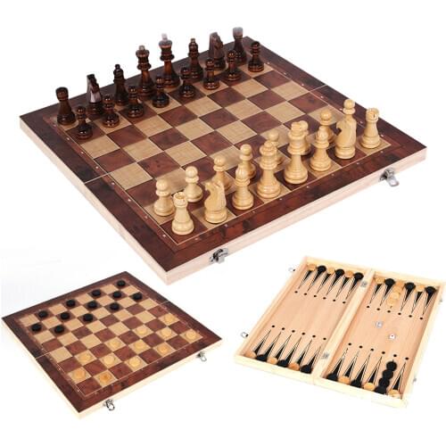 3 in 1 Chess Set Wooden Chess Game Backgammon Checkers Wooden Folding Chessboard Indoor Travel Chess Chess Pieces Chessman
