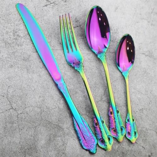 4pcs/set Luxury Rainbow Vintage Dinnerware set Black Cutlery Rose Gold Tableware Stainless Steel Table Knife Fork Spoon Teaspoon