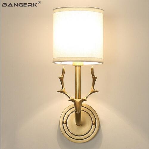 American Brass Antlers Wall Light LED Modern Copper Fabric Sconce Wall Lights Loft Decor Bedside Wall Lamp Home Lighting