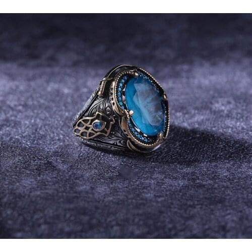 Turquoise 925 Sterling Silver Engraved Special Craftmanship Traditional Handmade Turkish Signet Ring Jewelry Gift for Women Men