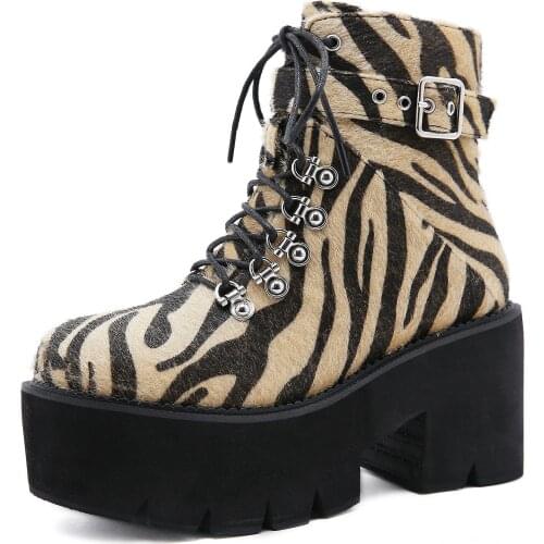 35-43 Autumn Winter Chunky Heel Platform Boots Lace-up Leopard Gothic Boots Women Comfortable Sexy Buckle Footwear Goth Shoes
