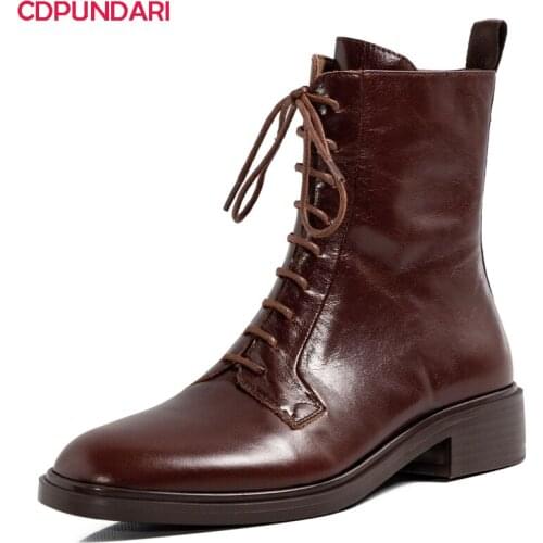 Ladies Black Brown Genuine Leather Med Heels Ankle Boots Women Autumn Winter Short Boots Shoes Botines Mujer Bottines Femme
