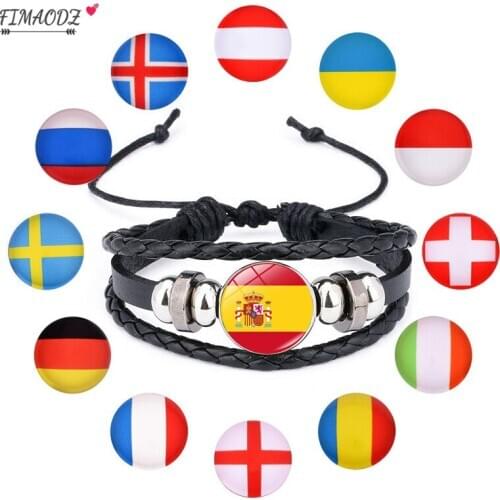 FIMAODZ Hot Sale Spain Germany American Flag Bracelet Brazil France Flag Black Leather Handmade Glass Dome Bracelets for Unisex