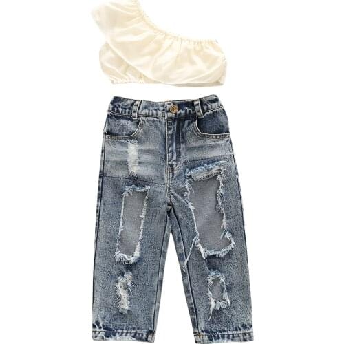 Citgeett Summer Kids Baby Girls Outfits Solid Color One-Shoulder Sleeveless Crop Tops + Ripped Jeans Denim Pants Clothes Set
