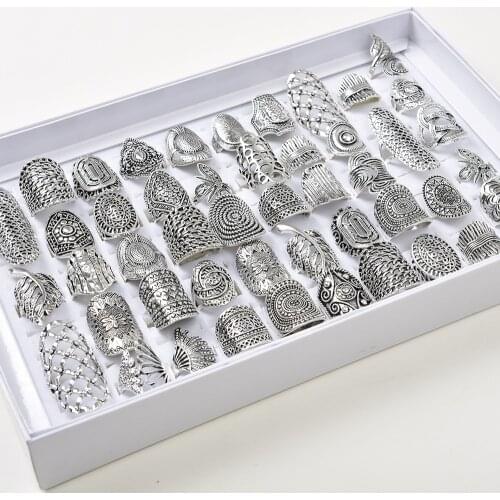 Wholesale 50pcs/Lots Vintage Mix Style Carved Flower Rings For Women Party Gift Jewelry