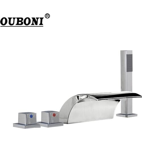 OUBONI Chrome Brass 5 Pcs Waterfall Gutter Bathroom Bathtub Faucet Deck Mounted1 Handle Set / Cover Valve Handheld Shower