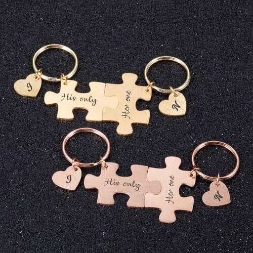 Puzzle Pieces Personalized Keychain Customized Initials Names Valentines Day Anniversary Gifts for Boyfriend Girlfriend Couples