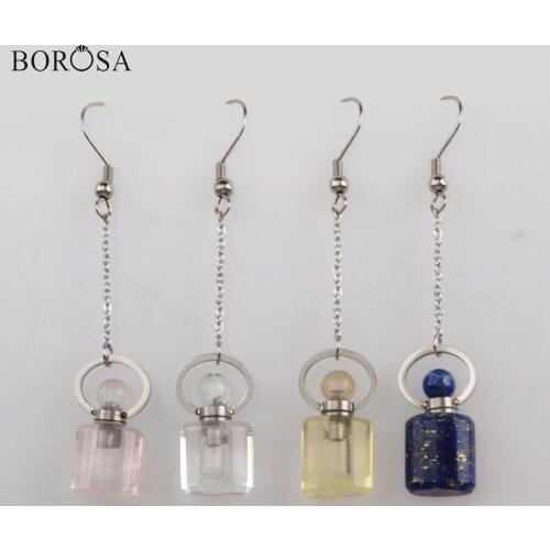 BOROSA Silver Plated Multi-kind Natural Stone Perfume Bottle Drop Earrings Rose White Quartz Lapis Lazuli Earring WX1191