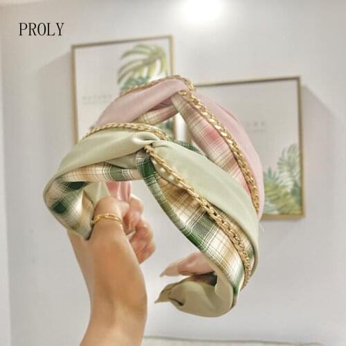 PROLY New Fashion Women Headband Fresh Plaid Patchwork Hairband Wide Side Cross Knot Casual Headwear Summer Hair Accessories
