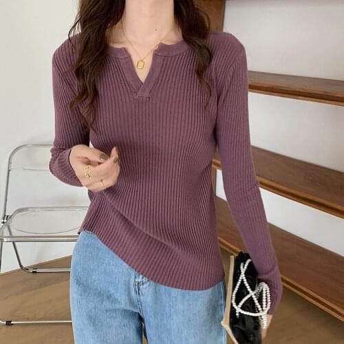 GUUZYUVIZ Autumn Winter Long Sleeve Pullover Women Loose Casual Sweater Knitted V-neck
