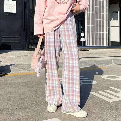 Pink Plaid Pants Summer For Girl Harajuku Pants Japan Mori Girl Cool Cute Autumn Trousers Fashion Straight Hip Hop Pants Women