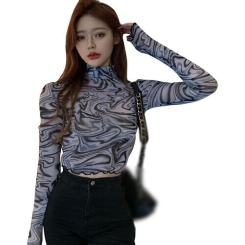 Sexy Womens Early Autumn Tshirt Slim Bottoming Long-sleeved Mesh Short Top Tee Shirt