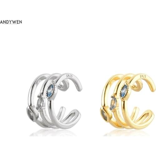 ANDYWEN 925 Sterling Silver Blue Three Ovals Ear Cuff Earring Earcuff Piercing No Clips Luxury Jewelry Gift For Women Fashion