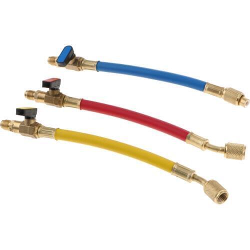 3Pcs Ball Valve with R410A R134A A/C Charging Hoses Refrigerant HVAC AC Tool