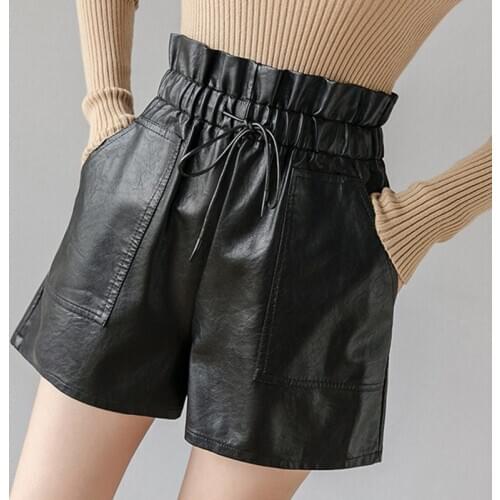 2020 Korean Style PU Leather Shorts Women Fall Winter Elastic High Waist Wide Leg Short Ladies Black Woman Shorts Vetement Femme